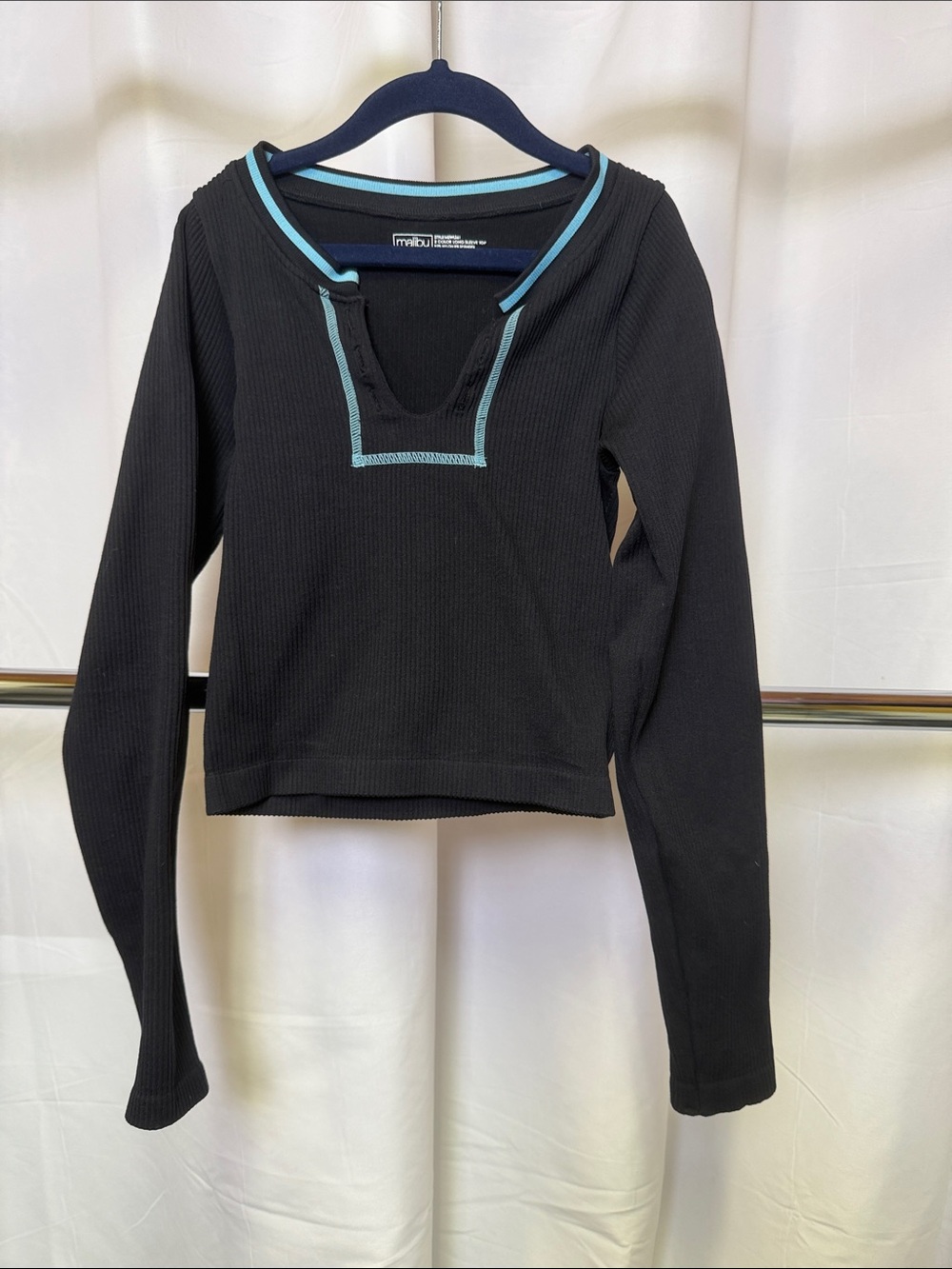Malibu Sugar girls Black Ribbed Long-Sleeve Top with Teal Trim one size (7-14y)